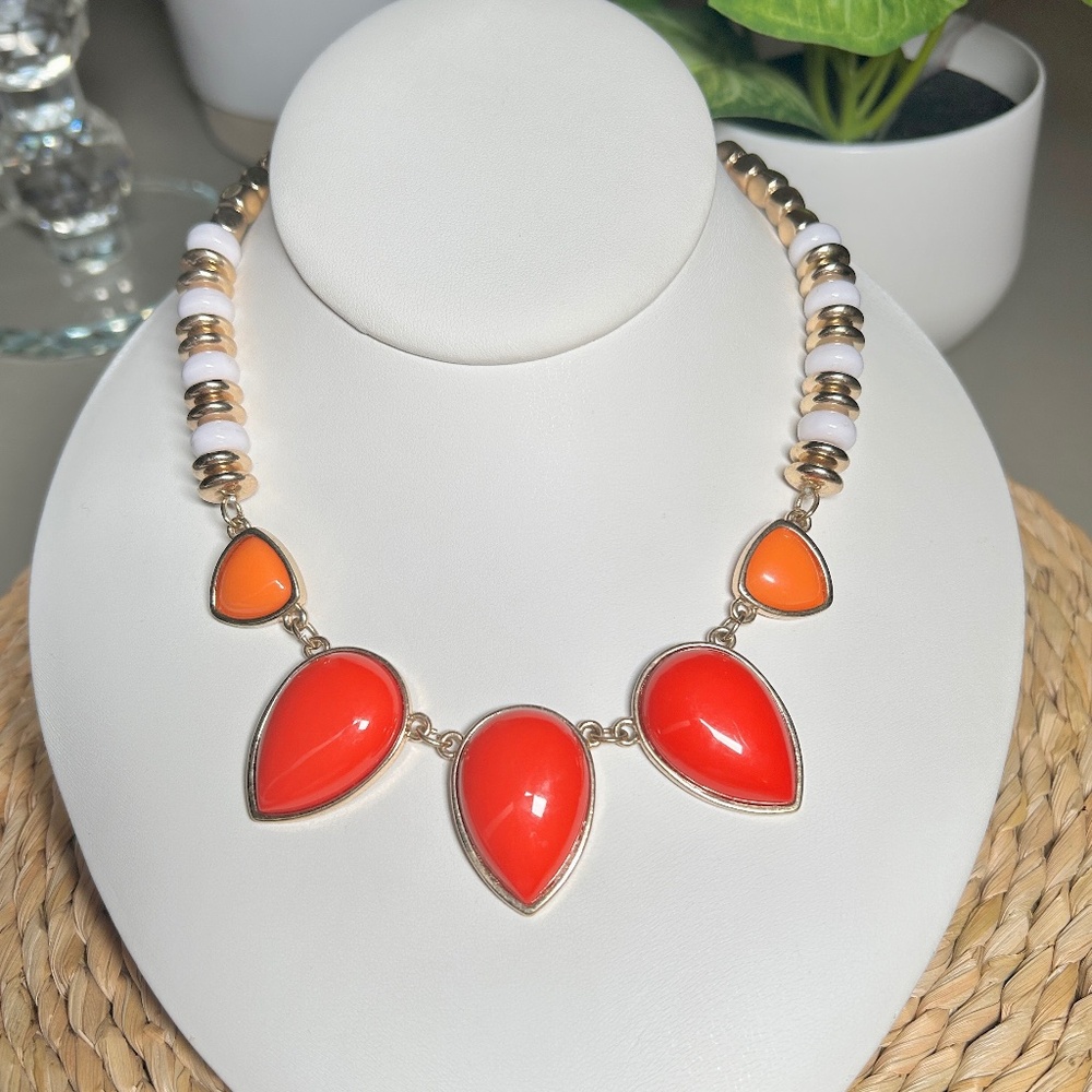 NY & Co. Orange Teardrops, Statement Necklace with White & Gold Accent Beads.